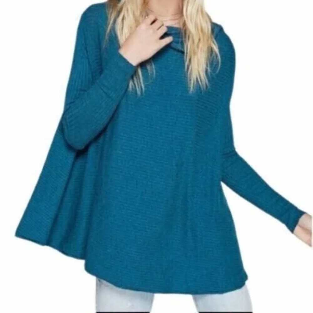 Free People “We the free” Slit Back Tunic Sweater Ribbed Knit Teal Blue S Petite